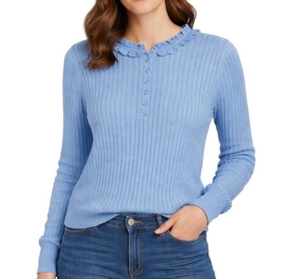 Talbots Ruffle Neck Pointelle Knit Sweater Women’s XS Blue NWT